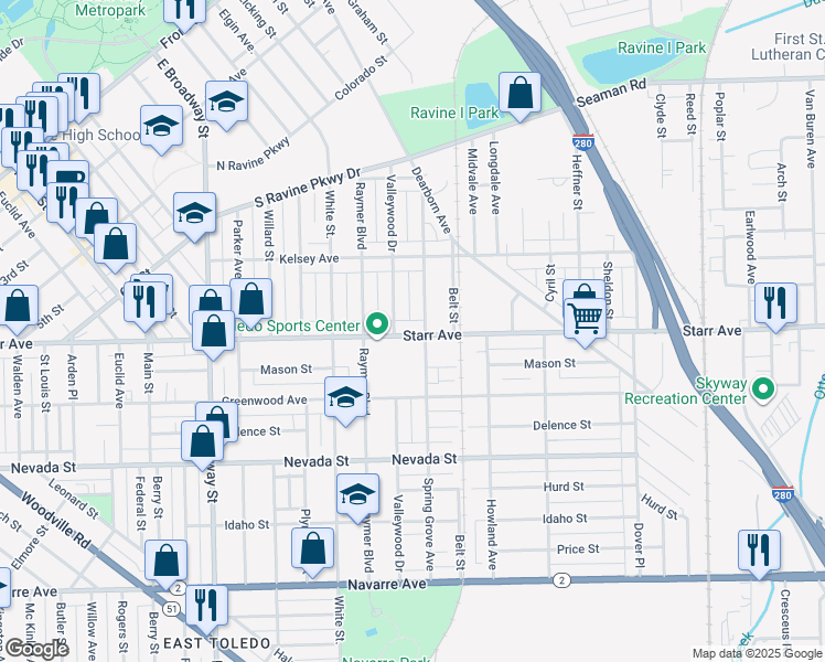 map of restaurants, bars, coffee shops, grocery stores, and more near 1606 Starr Avenue in Toledo