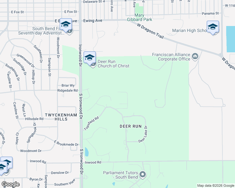 map of restaurants, bars, coffee shops, grocery stores, and more near 2500 Topsfield Road in South Bend