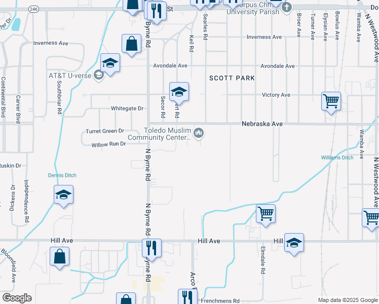 map of restaurants, bars, coffee shops, grocery stores, and more near 3319 Nebraska Avenue in Toledo