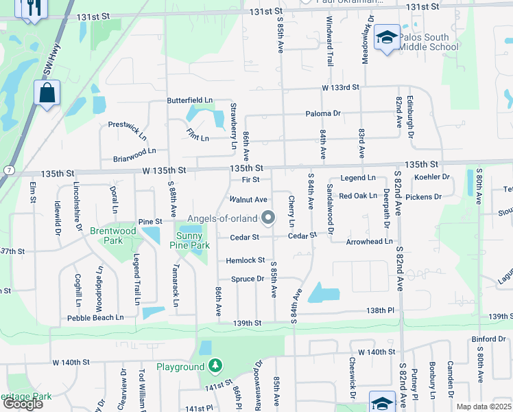 map of restaurants, bars, coffee shops, grocery stores, and more near 8529 Walnut Avenue in Orland Park