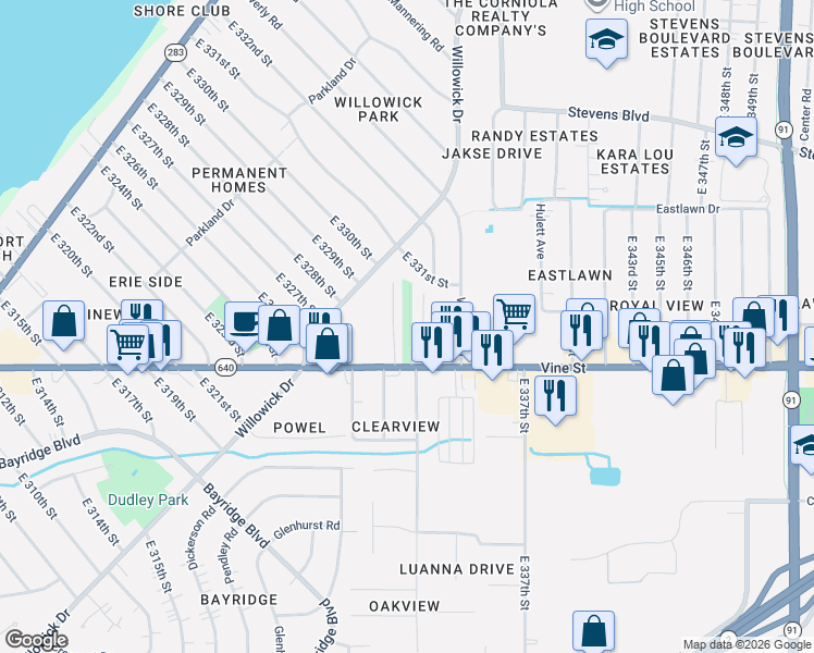 map of restaurants, bars, coffee shops, grocery stores, and more near 33145 Vine Street in Eastlake