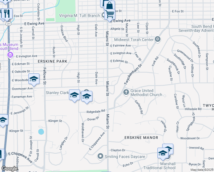 map of restaurants, bars, coffee shops, grocery stores, and more near 3123 Miami Street in South Bend
