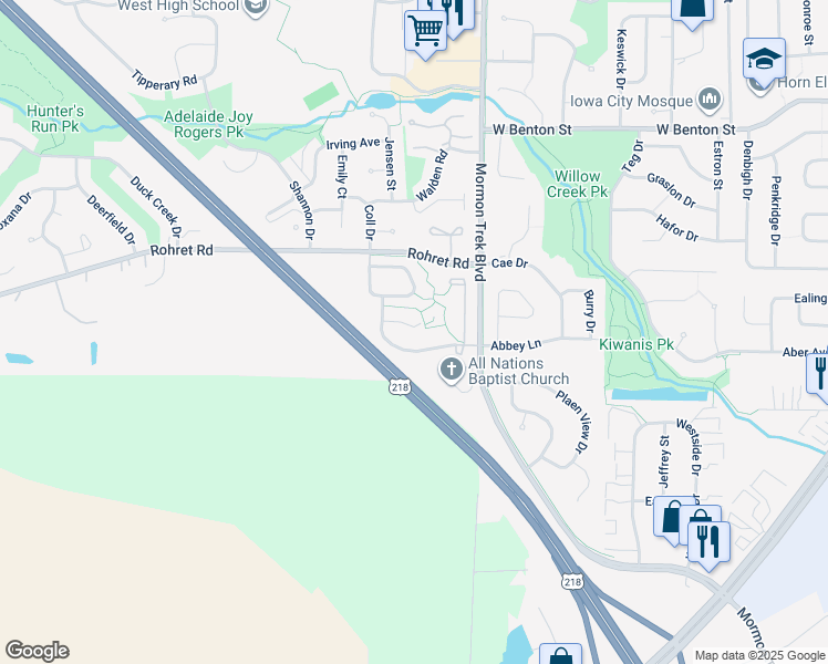 map of restaurants, bars, coffee shops, grocery stores, and more near 2506 Rushmore Drive in Iowa City