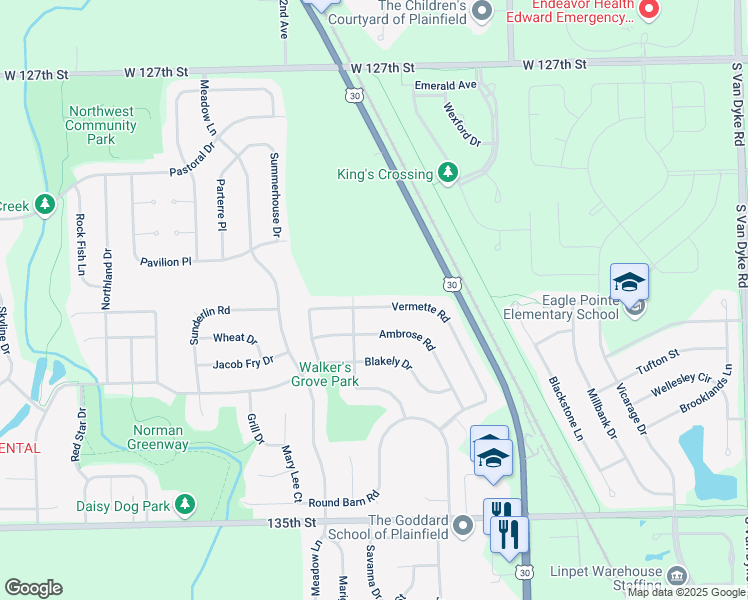 map of restaurants, bars, coffee shops, grocery stores, and more near 25021 Vermette Road in Plainfield