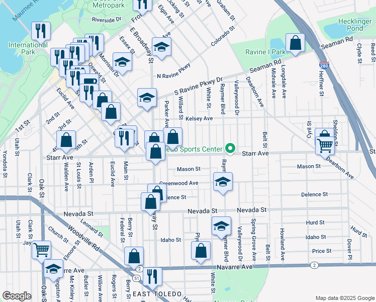 map of restaurants, bars, coffee shops, grocery stores, and more near 1211 Starr Avenue in Toledo