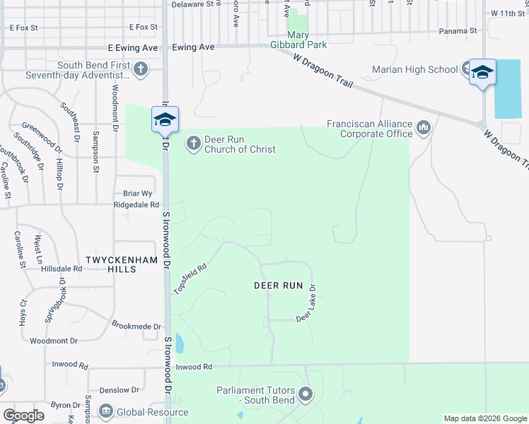 map of restaurants, bars, coffee shops, grocery stores, and more near 2580 Topsfield Road in South Bend