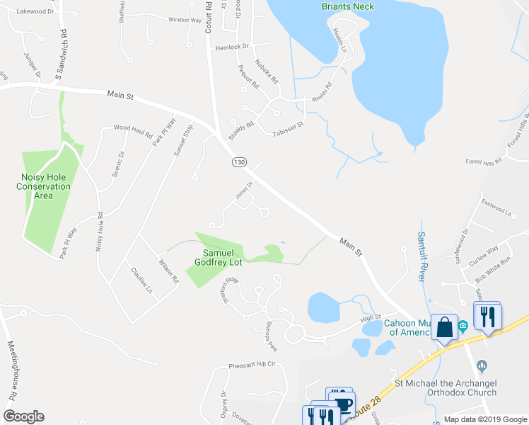 map of restaurants, bars, coffee shops, grocery stores, and more near 24 Rachelle Court in Mashpee