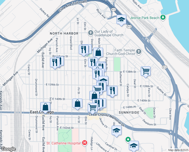 map of restaurants, bars, coffee shops, grocery stores, and more near 3721 Main Street in East Chicago