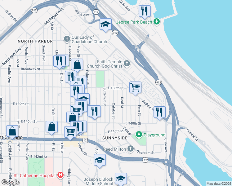 map of restaurants, bars, coffee shops, grocery stores, and more near 3734 Deal Street in East Chicago