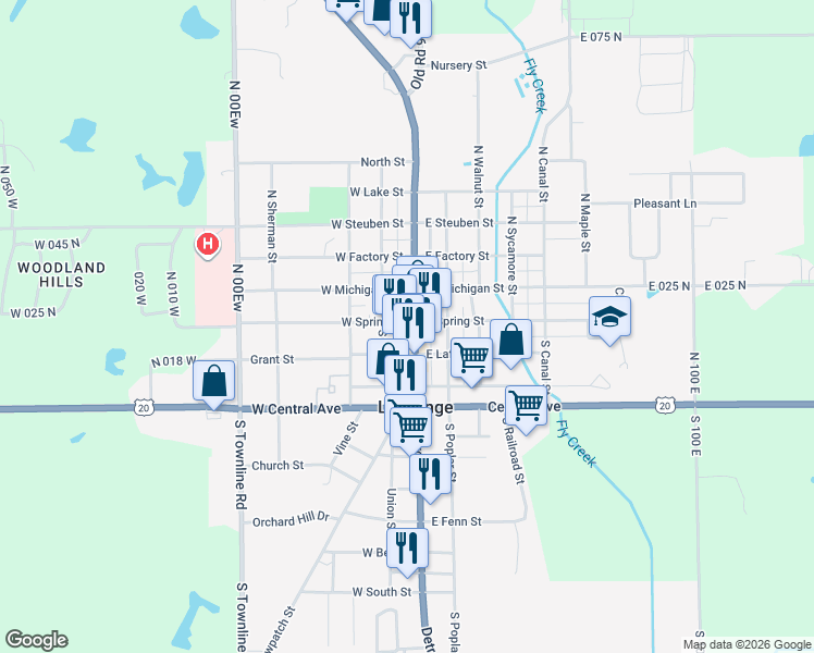map of restaurants, bars, coffee shops, grocery stores, and more near 147 North High Street in LaGrange