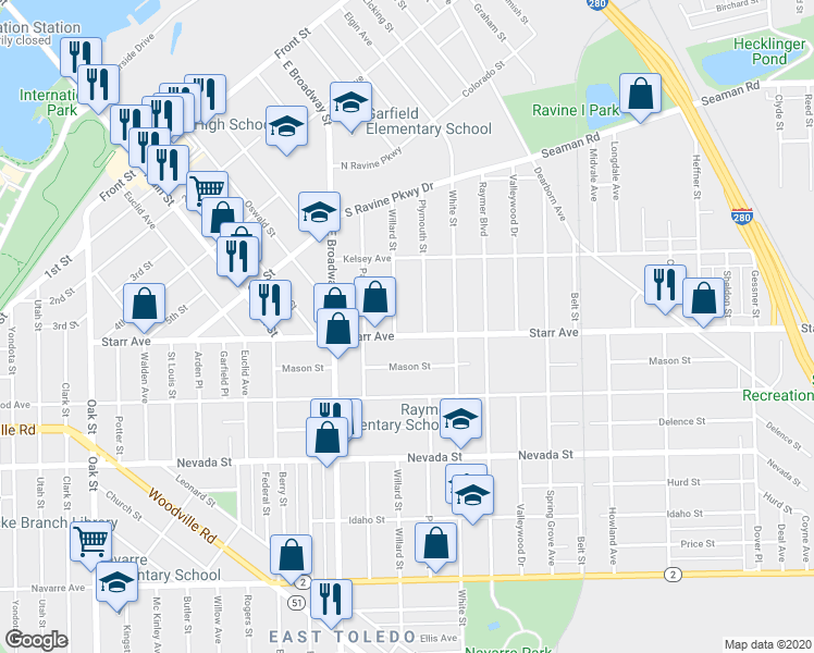 map of restaurants, bars, coffee shops, grocery stores, and more near 342 Plymouth Street in Toledo