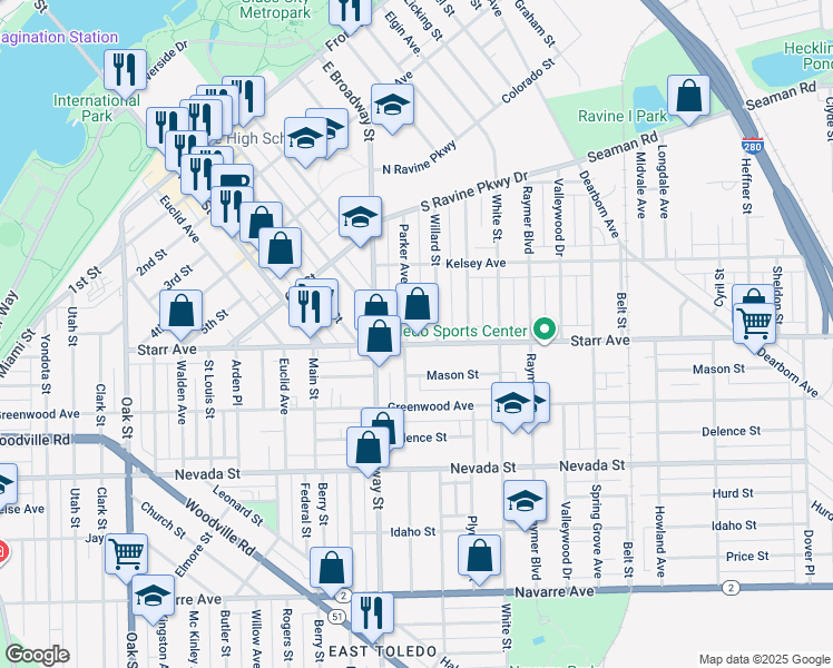 map of restaurants, bars, coffee shops, grocery stores, and more near 334 Willard Street in Toledo