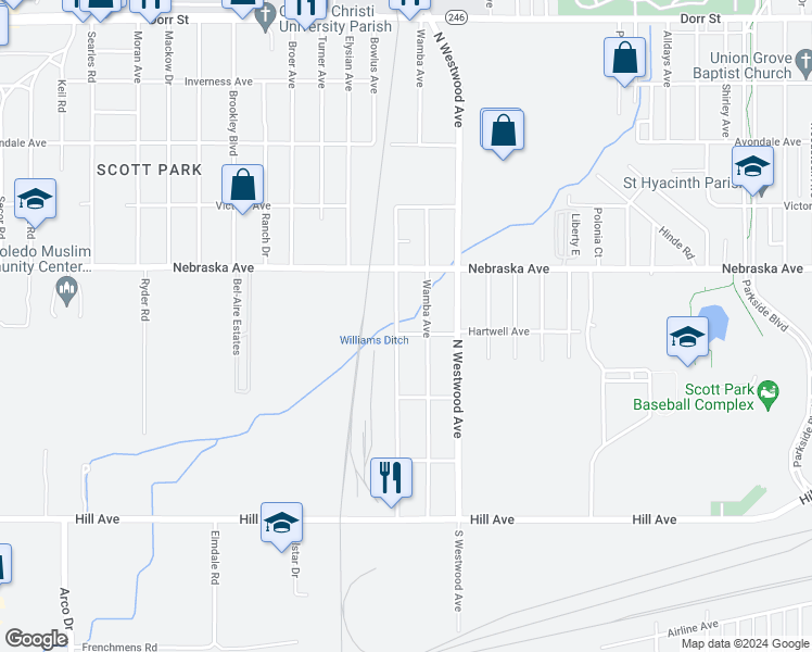 map of restaurants, bars, coffee shops, grocery stores, and more near 502 Burbank Drive in Toledo