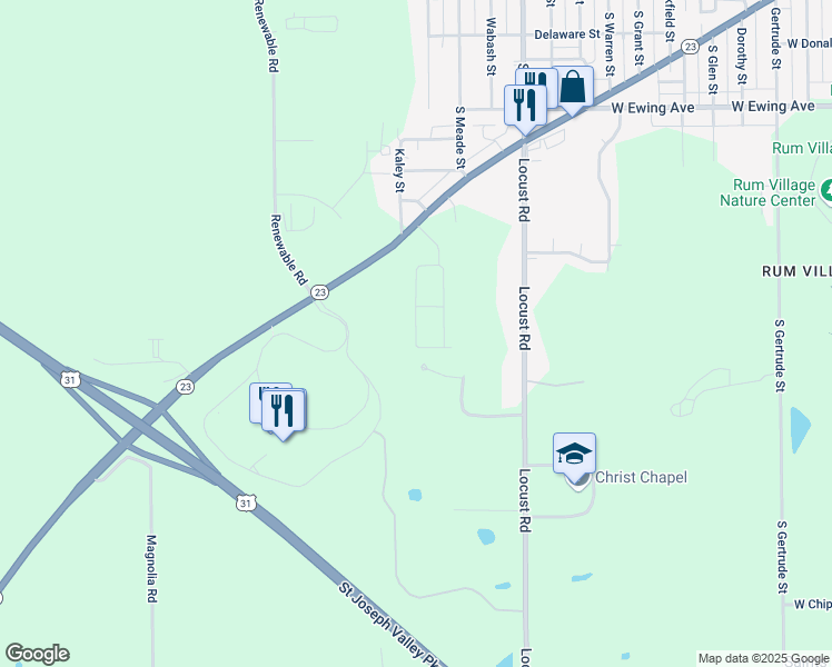 map of restaurants, bars, coffee shops, grocery stores, and more near 2630 Prairie Avenue in South Bend