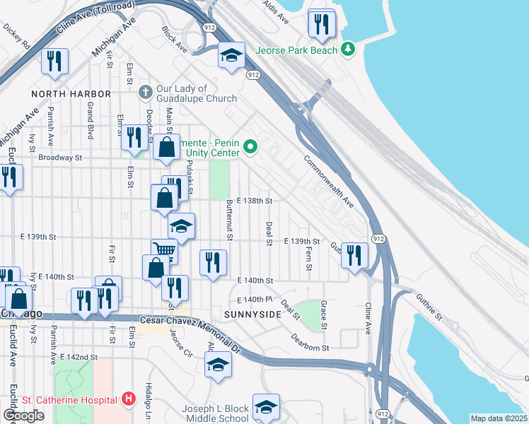 map of restaurants, bars, coffee shops, grocery stores, and more near 3734 Deal Street in East Chicago