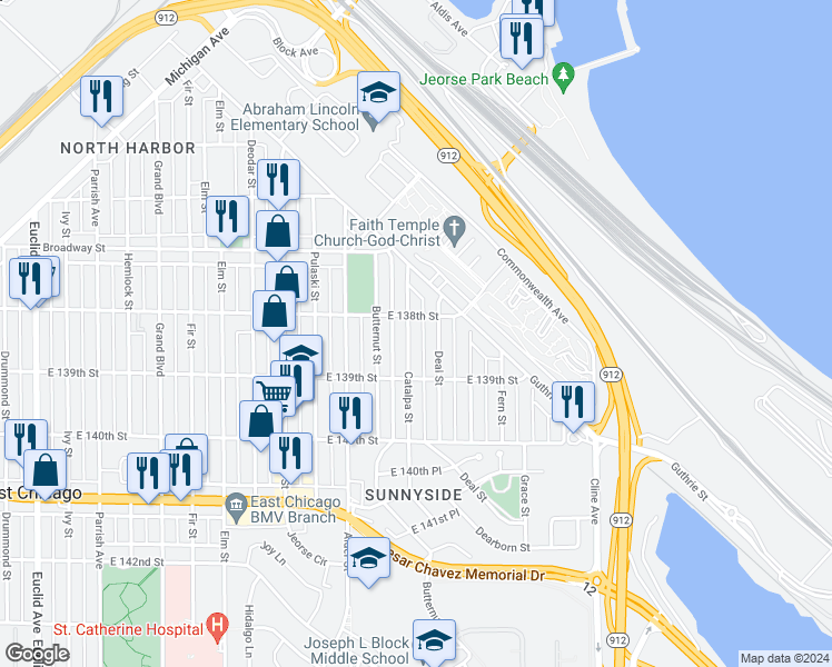 map of restaurants, bars, coffee shops, grocery stores, and more near 3734 Deal Street in East Chicago