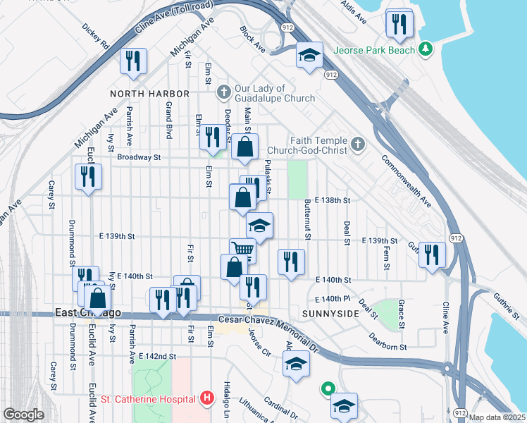 map of restaurants, bars, coffee shops, grocery stores, and more near 2202 East 138th Street in East Chicago