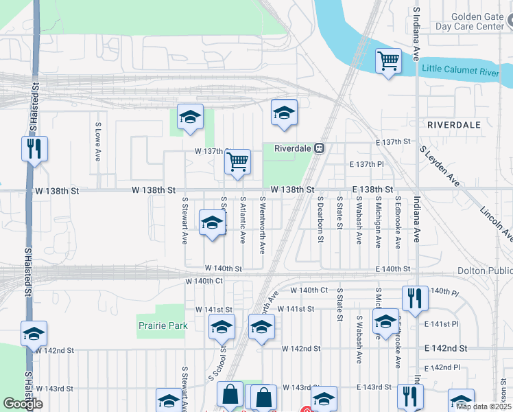 map of restaurants, bars, coffee shops, grocery stores, and more near 13800 South Wentworth Avenue in Riverdale
