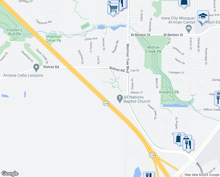 map of restaurants, bars, coffee shops, grocery stores, and more near 1551 Ranier Drive in Iowa City