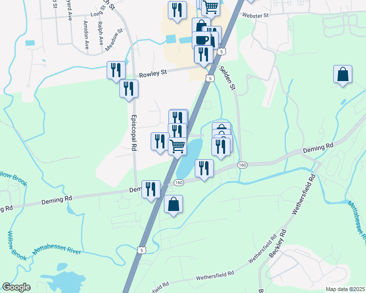 map of restaurants, bars, coffee shops, grocery stores, and more near 245 Berlin Turnpike in Berlin