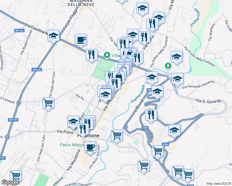 map of restaurants, bars, coffee shops, grocery stores, and more near 112 Via Aldo Moro in Frosinone