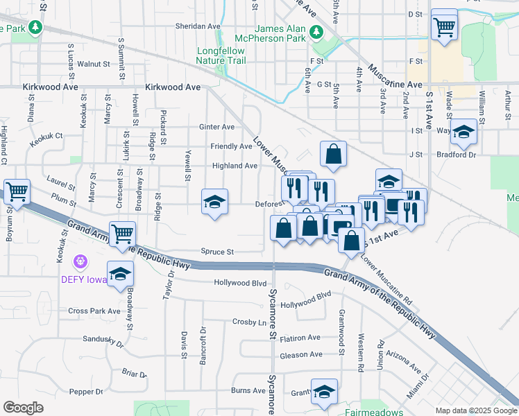 map of restaurants, bars, coffee shops, grocery stores, and more near 1625 Deforest Avenue in Iowa City