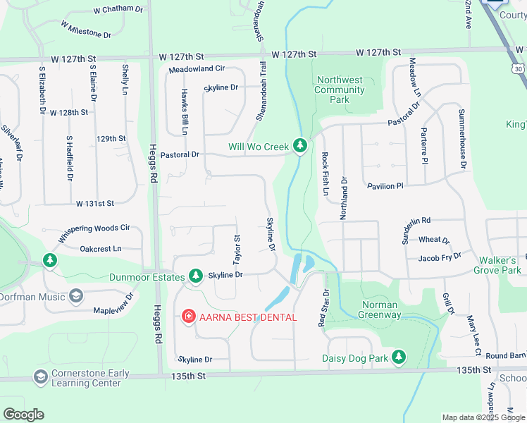 map of restaurants, bars, coffee shops, grocery stores, and more near 13039 Skyline Drive in Plainfield