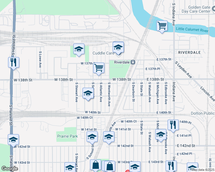 map of restaurants, bars, coffee shops, grocery stores, and more near 13800 South Wentworth Avenue in Riverdale