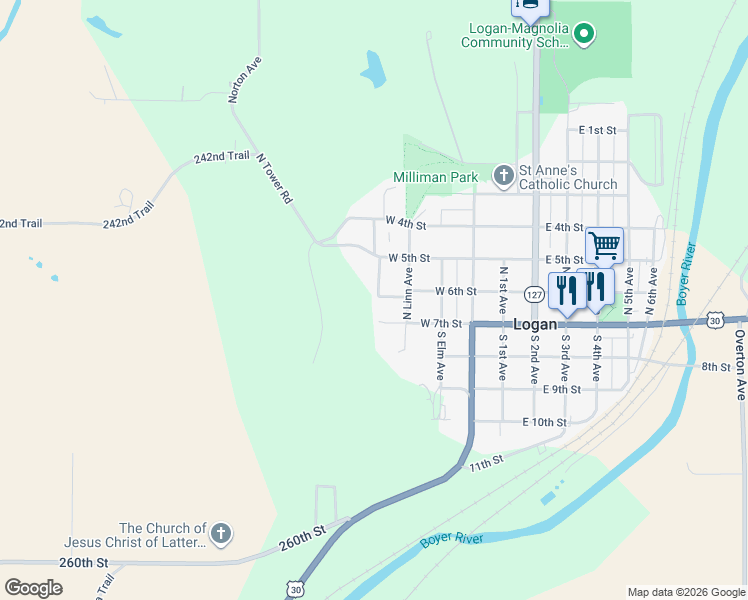 map of restaurants, bars, coffee shops, grocery stores, and more near 205 North Oak Avenue in Logan