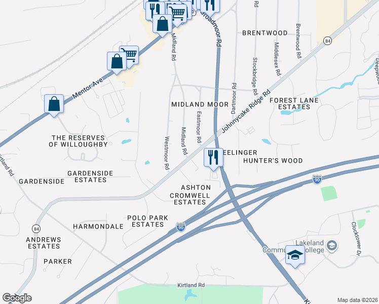 map of restaurants, bars, coffee shops, grocery stores, and more near 7379 Johnnycake Ridge Road in Mentor