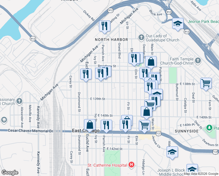 map of restaurants, bars, coffee shops, grocery stores, and more near 3736 Hemlock Street in East Chicago