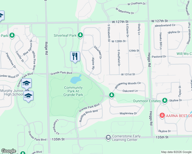 map of restaurants, bars, coffee shops, grocery stores, and more near 26402 Silverleaf Drive in Plainfield