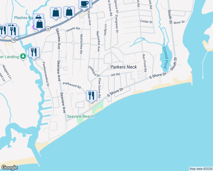 map of restaurants, bars, coffee shops, grocery stores, and more near 15 Lyndale Road in Yarmouth