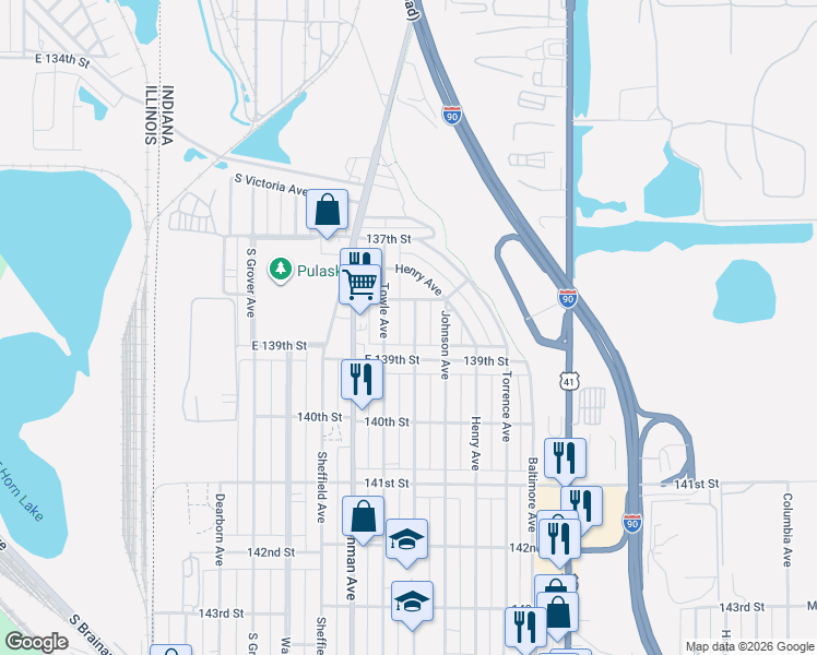 map of restaurants, bars, coffee shops, grocery stores, and more near 3803 138th Street in Hammond