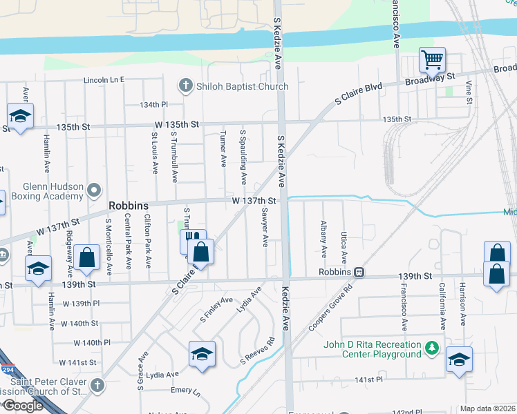map of restaurants, bars, coffee shops, grocery stores, and more near 13623 Rexford Road in Robbins