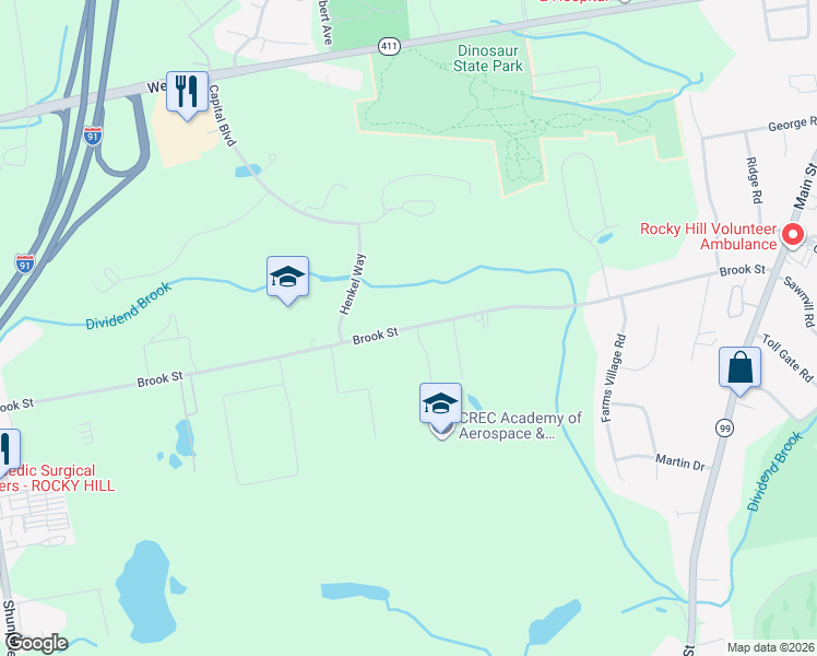map of restaurants, bars, coffee shops, grocery stores, and more near 375 Brook Street in Rocky Hill