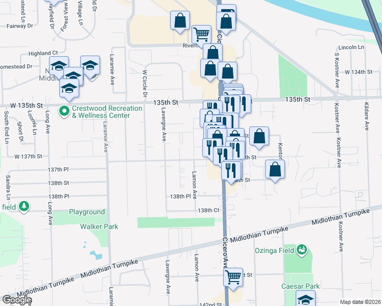 map of restaurants, bars, coffee shops, grocery stores, and more near 13625 Royal Court in Crestwood