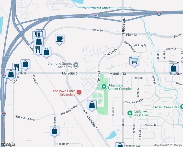 map of restaurants, bars, coffee shops, grocery stores, and more near 10520 Meredith Drive in Urbandale