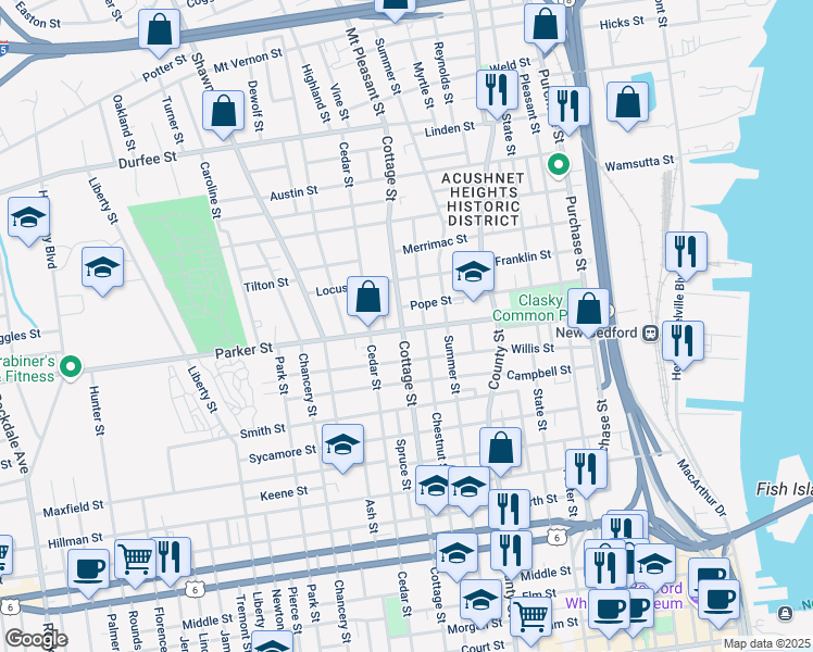 map of restaurants, bars, coffee shops, grocery stores, and more near 357 Pope Street in New Bedford