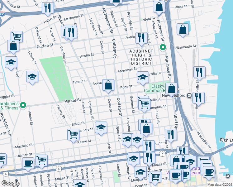 map of restaurants, bars, coffee shops, grocery stores, and more near 357 Pope Street in New Bedford