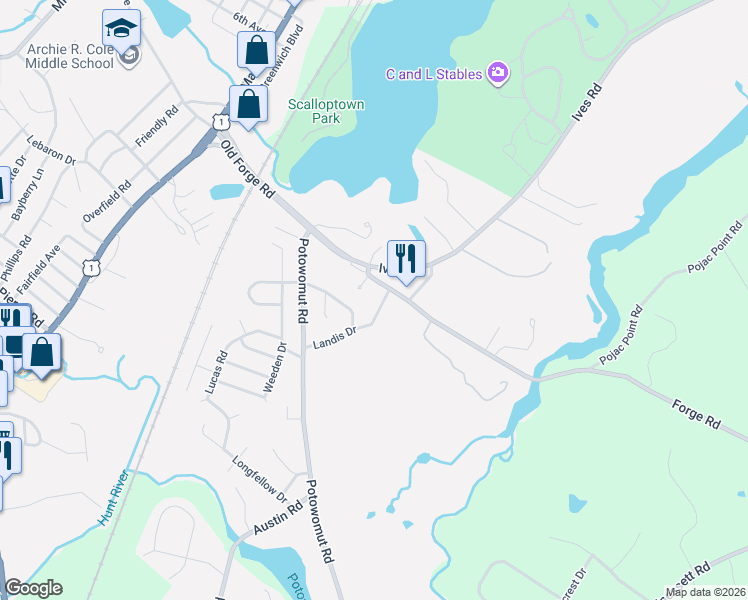 map of restaurants, bars, coffee shops, grocery stores, and more near 3 Potowomut Green Road in East Greenwich