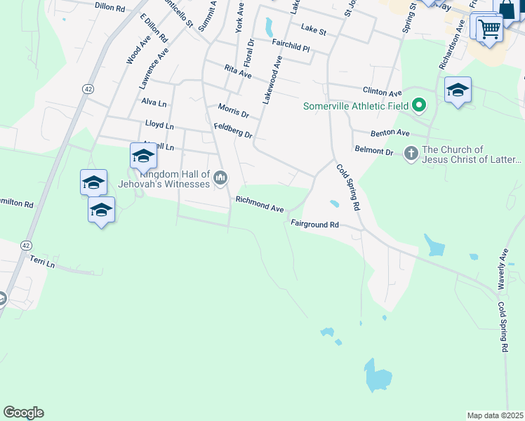 map of restaurants, bars, coffee shops, grocery stores, and more near 19 Richmond Avenue in Monticello