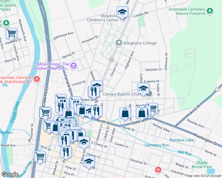 map of restaurants, bars, coffee shops, grocery stores, and more near 694 Highland Avenue in Meadville