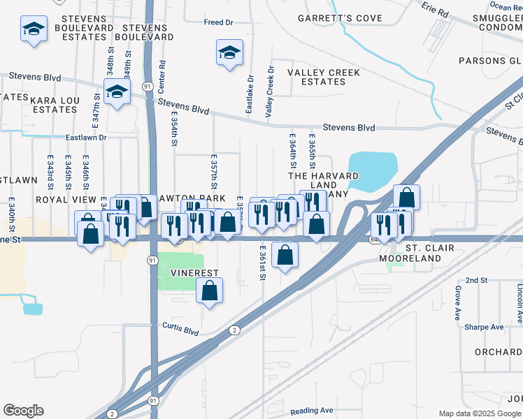 map of restaurants, bars, coffee shops, grocery stores, and more near 1282 East 362nd Street in Eastlake