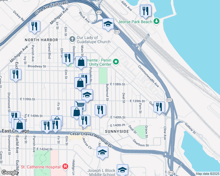 map of restaurants, bars, coffee shops, grocery stores, and more near 3733 Butternut Street in East Chicago