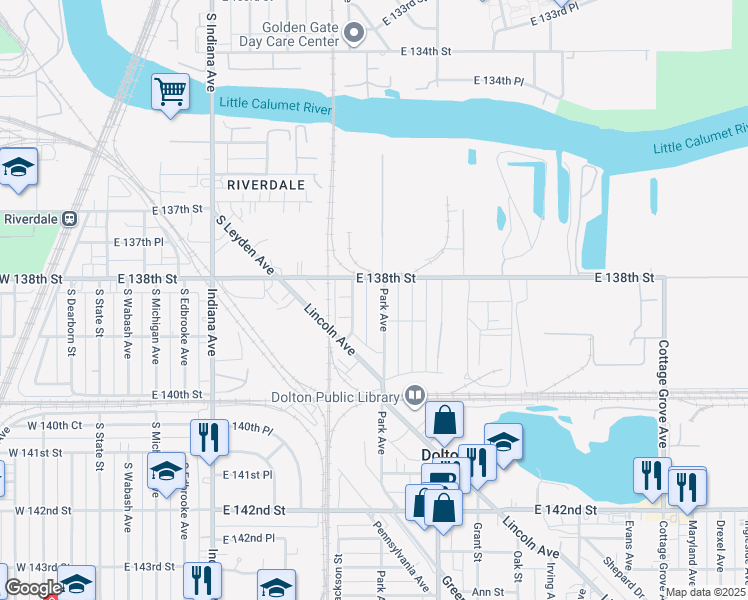 map of restaurants, bars, coffee shops, grocery stores, and more near 13803 East 138th Street in Chicago