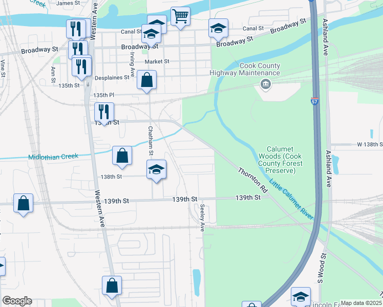 map of restaurants, bars, coffee shops, grocery stores, and more near 13630 Thornton Road in Blue Island