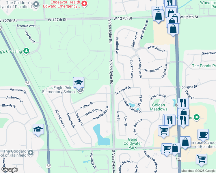 map of restaurants, bars, coffee shops, grocery stores, and more near 13113 Brooklands Lane in Plainfield