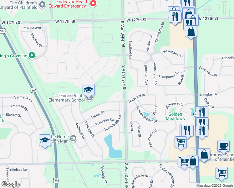 map of restaurants, bars, coffee shops, grocery stores, and more near 13113 Brooklands Lane in Plainfield