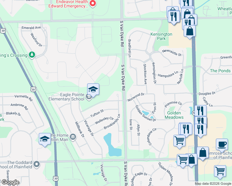 map of restaurants, bars, coffee shops, grocery stores, and more near 13113 Brooklands Lane in Plainfield